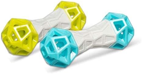 Messy Mutts Totally Pooched Flex n' Squeak Dumbbell | 7” Foam Rubber Dog Toy with Squeaker | Made for Tough Chewers | Interactive Treat Puzzle for Dogs | Grey/Teal