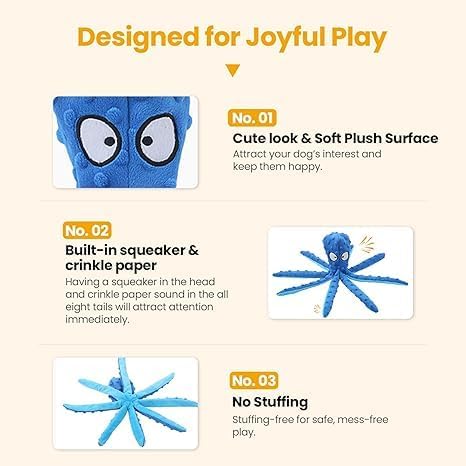 Octopus Dog Toys (2 Pack) – Squeaky & Crinkle No-Stuffing Plush Chew Toys for Puppies and Dogs, Durable Teething Toy for Small, Medium & Large Breeds, Soft Tug & Fetch Dog Toy