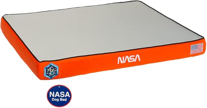 NASA Limited Edition Dog Bed by Wag | Cooling Gel Infused Memory Foam | Out-of-This-World Supportive Orthopedic Foam | Machine Washable Cover and Water Resistant Liner | Medium, Astro Orange