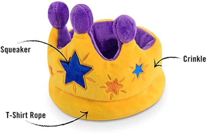 P.L.A.Y. Cute Plush Dog Toys - Birthday Party Celebration Themed Durable Squeaker Chew Toy, Great for Puppies & Small, Medium, Large Dogs - Machine Washable, Recycled Materials (Canine Crown, Medium)