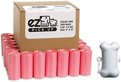1000 Pet Waste Disposal Poop Bags with Dispenser, EZ Pick Up Bag, Pink Color 9"x12" Size Large, Puppy Training