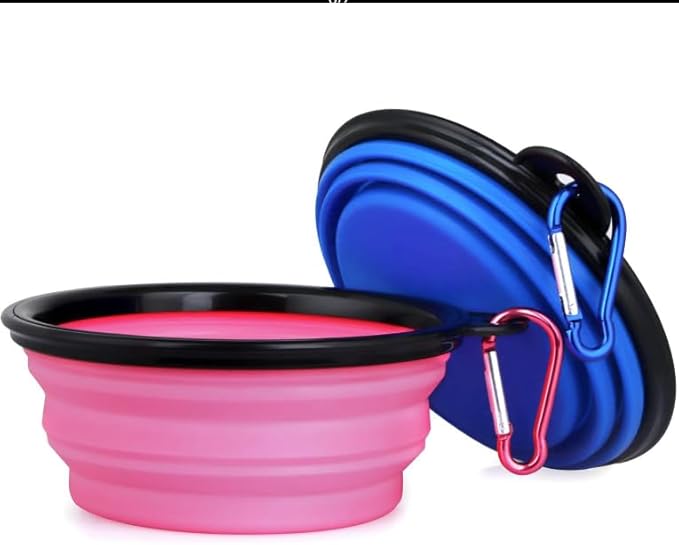 Collapsible Pet Bowl Set, Portable Silicone Travel Food Water Bowls with Carabiner Clip, Multi-Color, Space-Saving Design for Dogs Cats (Blue & Green)