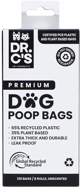 Certified 65% PCR (Post Consumer Recycled) Plastic and 35% Plant Based, ONE OF A KIND, Dog Poop Bags - 120 Bags / 8 Rolls, NO NEW PLASTICS USED, Unscented, Earth Friendly, USA Owned