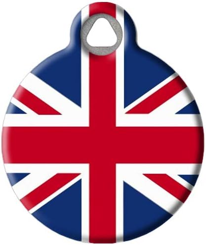 Dog Tag Art British Flag Union Jack Personalized Pet ID Tag for Dogs and Cats, Silent United Kingdom Flag Dog Tag with Customized Identification Information - Small .875" Diameter