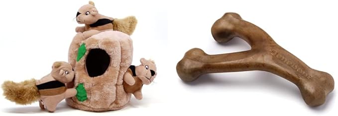 Outward Hound Hide A Squirrel Plush Dog Toy Puzzle (Large) and Benebone Wishbone Durable Dog Chew Toy (Medium)