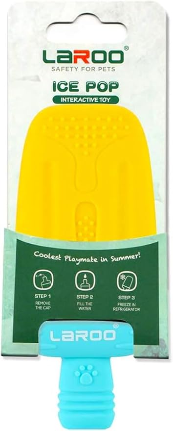 LaRoo Dogs Toys for Summer Cooling, Frozen Dog Toys, Full with Water Frozen, Prevention of Heat Stroke Upgraded Teething Chew Toy (Ice Pop Shape-Yellow)