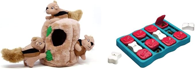 Outward Hound Hide A Squirrel Plush Dog Toy Puzzle (Large) and Outward Hound Nina Ottosson Dog Brick Interactive Treat Puzzle Dog Toy