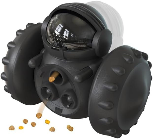 Interactive Pet Food Dispenser Toy for Dogs and Cats, Treat Dispensing Rolling Ball with Textured Wheels, Available in Yellow, Green, Black (Black)
