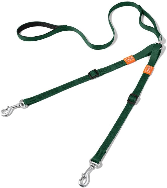 HOWGO Double Dog Leash, No Tangle 360° Swivel, Adjustable Two Padded Handles, Double Clip Dog Leash Coupler Splitter for 0~50 lbs Small and Medium Breeds (Green, 2/3'' x 4.8 FT, Ultralight)