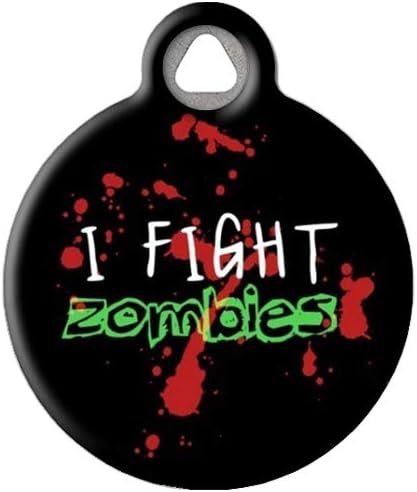 Dog Tag Art Halloween Zombie Custom Pet ID Tag for Dogs and Cats, Personalized Dog Tag with Customized Identification Information, Zombie Fighter, Small (7/8" Diameter)