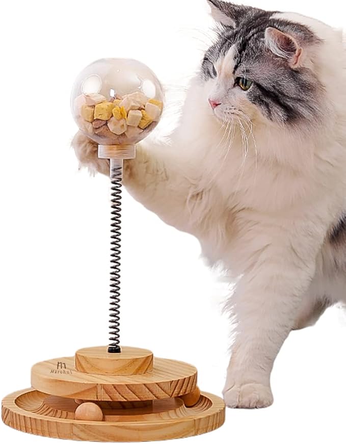 Marchul Cat Ball Toy with Treat Ball, Kitten Treat Dispenser with Roller Track Catnip Balls, Interactive Cat Toys Wooden for Indoor Kitten, Food Toy with Automatic Slow Feeder