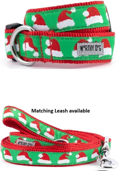 THE WORTHY DOG Adjustable Holiday Dog Collar for Small Dogs, Durable Nylon Webbing, Quick Release Buckle, Santa Hats Christmas Pattern, Green, Small