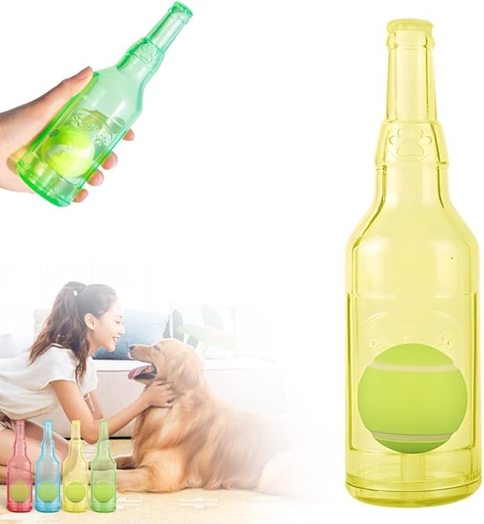 Pet Chew Beer Bottle with Tennis Ball Dog Chew Toy, Water Bottle Interactive Dog Toys for Chewing and Playing, Crunch and Play Bottle Dogs Toy with Squeaky Sound (Yellow, Small)