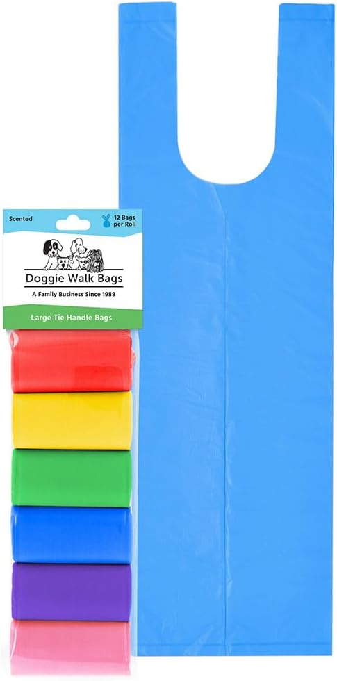 Large Dog Waste Bags on a Roll with Easy Tie Handles, Extra Thick and Strong Poop Bags, 72 Count, Scented, 5.5 x 5.5 x 17 Inches
