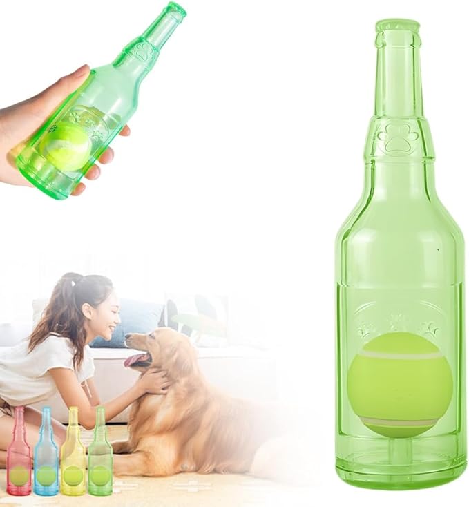 Drkicsy Pet Chew Beer Bottle with Tennis Ball Dog Chew Toy, Water Bottle Interactive Dog Toys for Chewing and Playing, Crunch and Play Bottle Dogs Toy with Squeaky Sound (Green, Small)