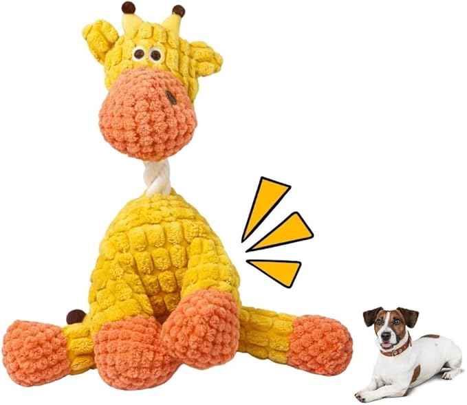 Dog Squeaky Plush Toy with Rope - Durable Stuffed Dog Toy with Built-in Squeaker, Interactive Chew Toy for Small, Medium & Large Dogs (Orange Giraffe)