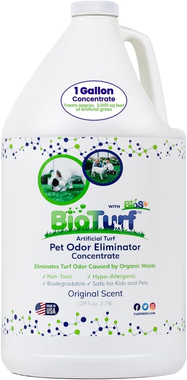BioS+ Odor Eliminator Concentrate - Artificial Turf Cleaner for Dog Urine & Feces - Outdoor Yard Deodorizer Enzyme Odor Eliminator for Fake Grass, Patios, Kennels & Gravel - 1 Gallon