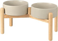 SPUNKYJUNKY Ceramics Elevated Dog Bowls with Wooden Stand - Raised Dog Bowl for Medium Large Dogs - Double 60OZ Bowls, Grey