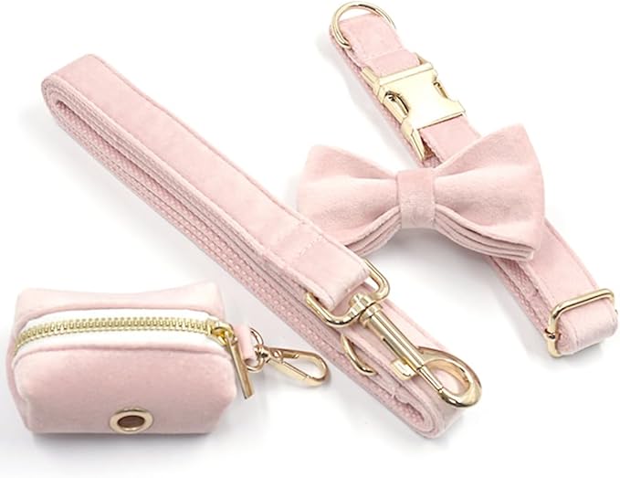 PETDURO Custom Dog Collar Personalized with Name Engraved Quick Release Rose Gold Metal Buckle for Large Medium Small Girl Dogs - Dog Leash and Bow Tie Available - Soft Comfy Velvet (Pink, M)