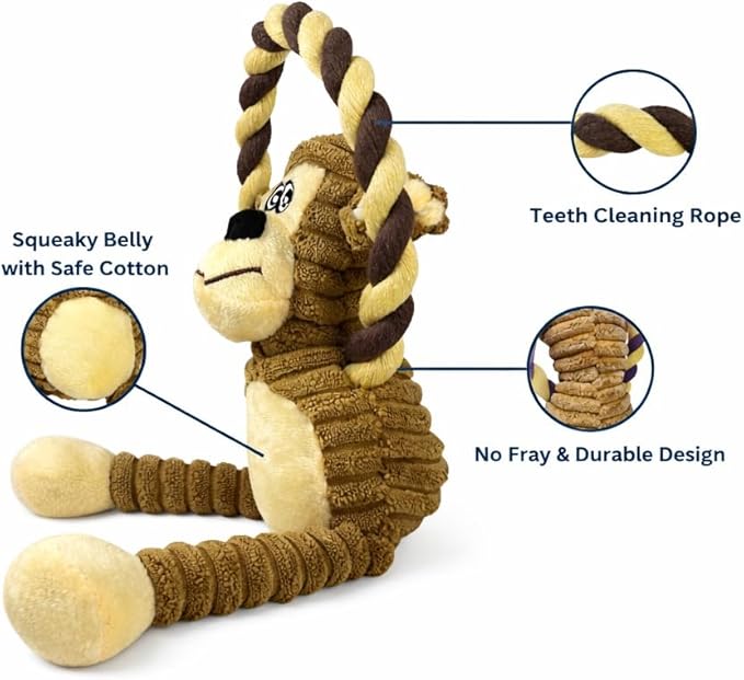 Durable Monkey Dog Toy, Plush Squeaky Stuffed Dog Toy with Rope, Interactive Chew Toy for Teething Puppies and Small, Medium & Large Dogs