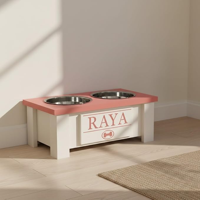 GTW Personalized Elevated Dog Bowl Stand for Large, Medium, Small, X-Small Dogs - Stainless Steel Food and Water Bowls - Raised Dog Dish with Internal Storage (Small, Magenta)