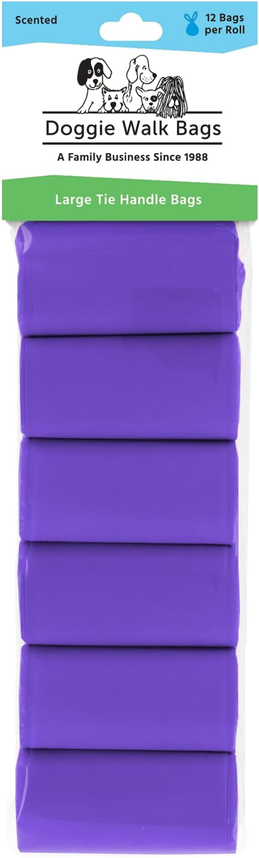 Large Dog Waste Bags on a Roll with Easy Tie Handles, Extra Thick and Strong Poop Bags, 72 Count, Scented, 5.5 x 5.5 x 17 Inches