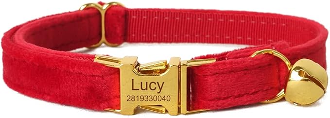 Cat Collar Personalized with Name Engraved and Bell, Customized Velvet Collars for Puppy Kittens (Red, L)