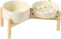 Ceramic 0.9 Cup Raised Slow Feeder Dog Bowl Set, Elevated 6.1inch Slow Dish and 6.1inch Water Bowl with Wooden Stand for Small Dogs (2 x Beige+ Stand)