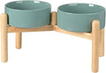SPUNKYJUNKY Ceramics Elevated Dog Feeding Stand with Wooden Base - Double 60oz Bowls for Medium Large Dogs (Dark Green)