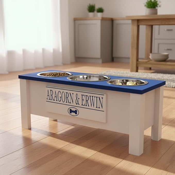 GTW Personalized Elevated Triple Dog Bowl Stand for Large, Medium, Small, X-Small Dogs - 3 Stainless Steel Food and Water Bowls - Raised Dog Dish with Internal Storage (Large, Blue)