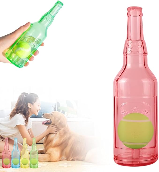 Drkicsy Pet Chew Beer Bottle with Tennis Ball Dog Chew Toy, Water Bottle Interactive Dog Toys for Chewing and Playing, Crunch and Play Bottle Dogs Toy with Squeaky Sound (Red, Small)