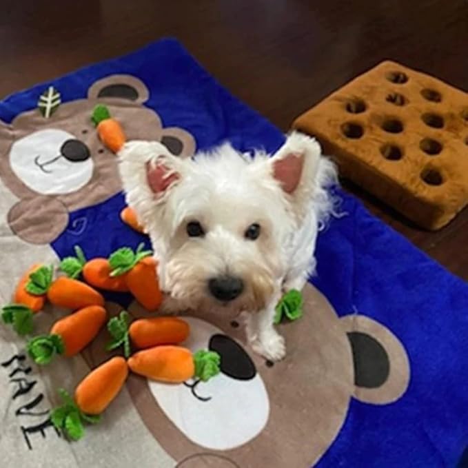 Carrot Dog Toy - Snuffle Mat, Plush Puzzle, Enrichment and Interactive Hide and Seek Pet Toy With 12 Carrots