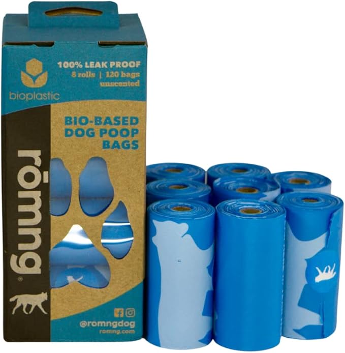 Bio-Based Dog Poop Bags, Unscented, Leak-Proof, Cornstarch Blend, 8 Rolls, 120 Bags, Blue