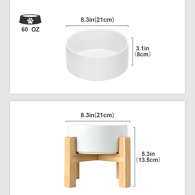 SPUNKYJUNKY Ceramic Elevated Dog Bowls 2 Pack - 8.3inch Raised Dog Bowls with Non-Slip Wooden Stand for Large Dogs Dishwasher Safe(White,60OZ*2)