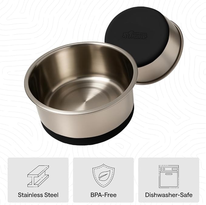 GORILLA GRIP Set of 2 Dog Bowls, Holds 8 Cups (64 fl oz), Heavy Duty Metal Food and Water Bowl for Feeding Dogs and Cats, Dishwasher Safe, Rust Resistant Stainless Steel, BPA Free Rubber Base, Black