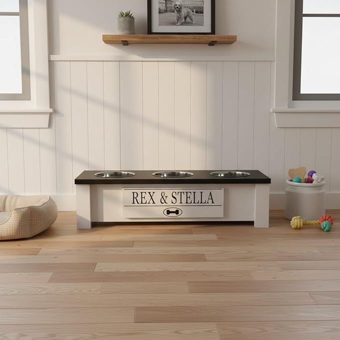 GTW Personalized Elevated Triple Dog Bowl Stand for Large, Medium, Small, X-Small Dogs - 3 Stainless Steel Food and Water Bowls - Raised Dog Dish with Internal Storage (Small, Black)