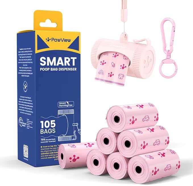 Dog Poop Bags Rolls with Retractable Poop Bag Holder, Leak Proof and Extra Thick Lavender Pet Waste Bags, 70% Recycled GRS Certified, 1 Dispenser and 105 Bags for Doggy Walking & Cat Litter