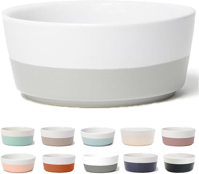 Waggo Dipper Ceramic Dog Bowl for Small and Large Breeds - Heavyweight and Durable Pet Food and Water Dish Crock, Dishwasher Safe, Modern (Light Grey, Small)