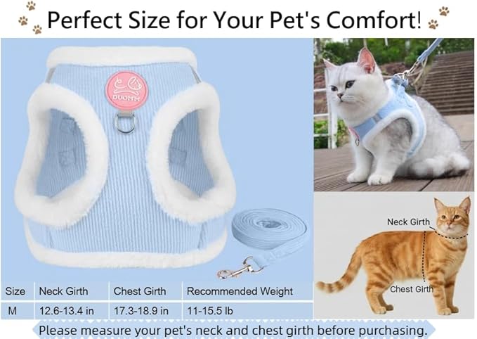 Dog Harness and Leash Set-No Pull No Choke Step-in Pet Harness for Cold Weather Lightweight Adjustable Cat Harness Warm Plush Puppy Vest with Hook & Loop Fastener Buckles D-Rings-LightBlue-M