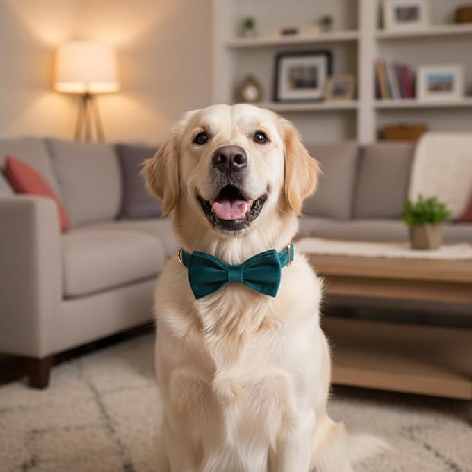 PETDURO Custom Dog Collar Personalized with Name Engraved Quick Release Rose Gold Metal Buckle for Large Medium Small Girl Dogs - Dog Leash and Bow Tie Available - Soft Comfy Velvet (Gem Green, L)