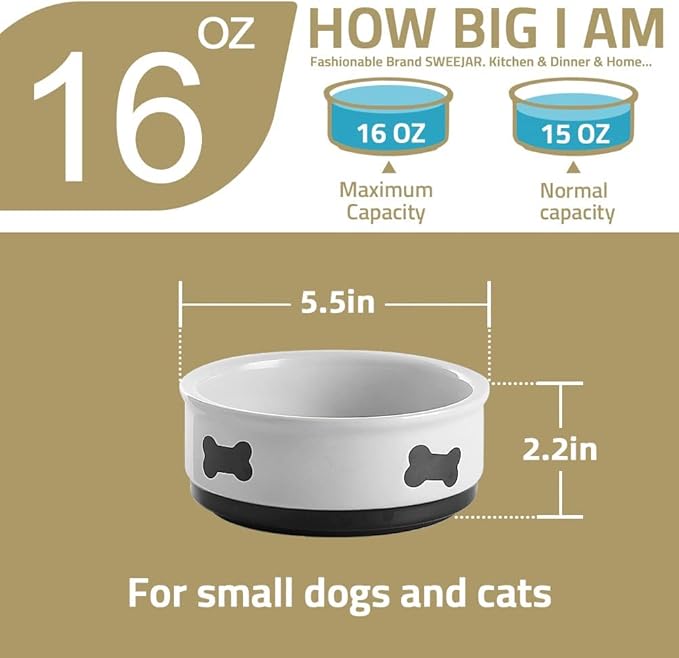 Sweejar Ceramic Dog Bowls with Bone Pattern, Dog Food Dish for Small Dogs, Porcelain Pet Bowl for Water 16 Fl Oz (Beige)