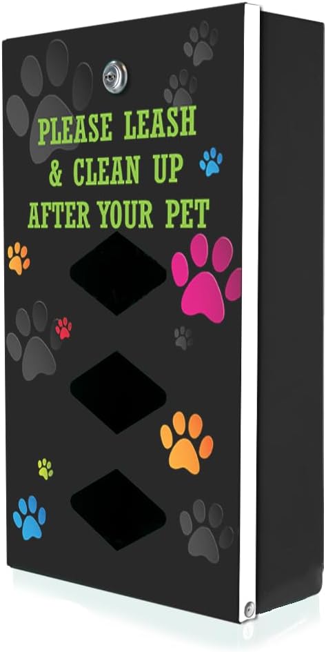 DISPENSE-ART™ collection "Colorful Paws" - Custom UV printed design on rust-proof aluminum 7' dog waste station with 400 dog waste roll bags