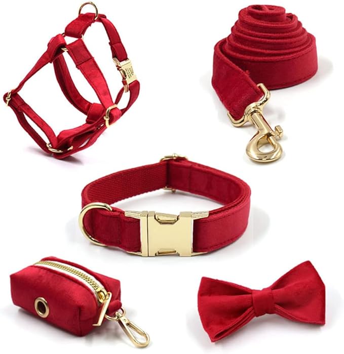 PETDURO Personalized Dog Collar Red Soft Velvet for Large Medium Small Boy Girl Dogs - Custom Collar with Name Phone Number Engraved on Gold Metal Buckle - Add Matching Leash Bow Set via Customize Now