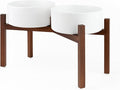 SPUNKYJUNKY Raised Ceramic Dog Bowls Set with Non-Slip Acacia Wood Stand for Large Sized Dog(60.87 OZ, White)