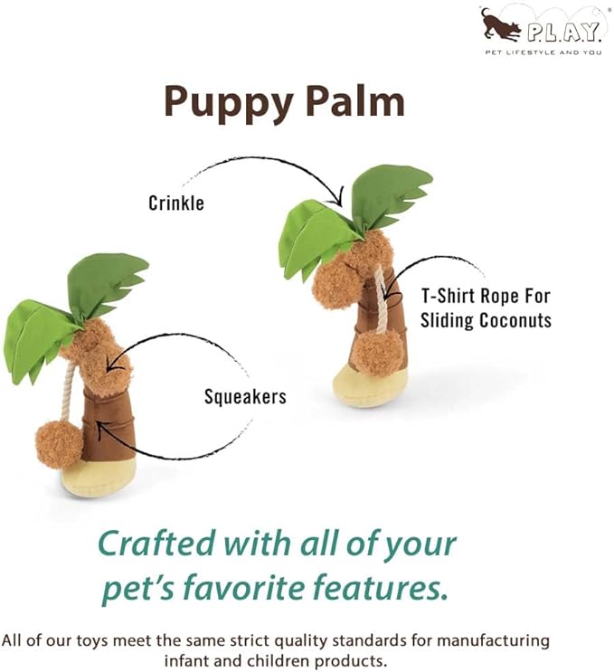 P.L.A.Y. Cute Plush Dog Toys - Tropical Paradise Summer Beach Themed Durable Squeaker Chew Toy, Great for Puppies & Small, Medium, Large Dogs - Machine Washable, Recycled Materials (Puppy Palm Tree)
