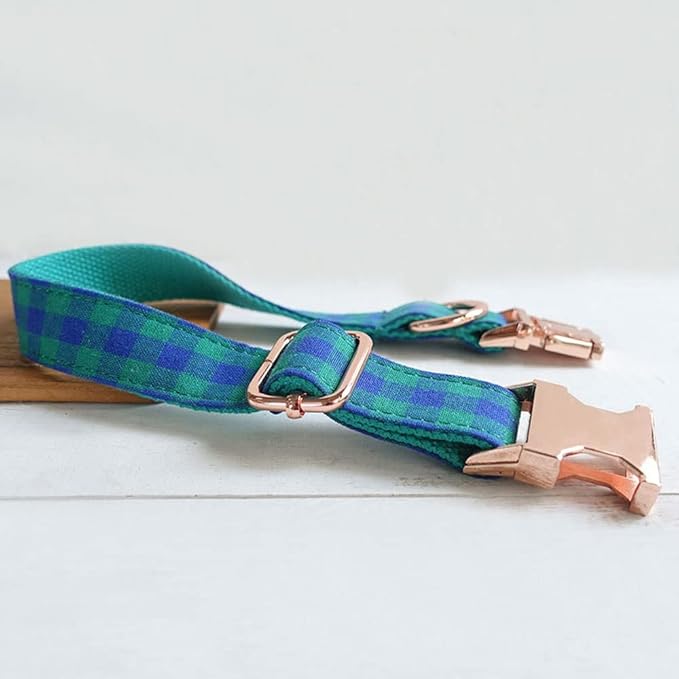 PETDURO Personalized Checkered Plaid Dog Collar Green Blue - Engraved Name and Phone Number on Gold Metal Buckle - Custom for Small Medium Large Boy Girl Dogs - Add Leash Bow Tie via Customize Now