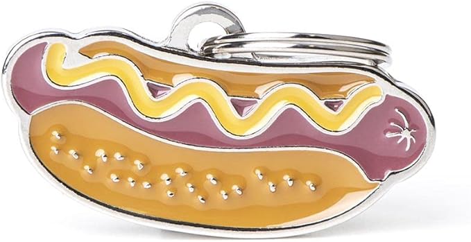 My Family Personalized Pet ID Tag Made in Italy, Hot Dog, Free Engraved Dog Tag, Hand Enameled Metal, Food Collection