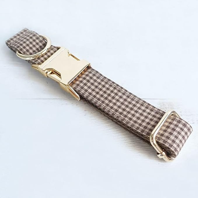 PETDURO Personalized Gingham Plaid Dog Collar Coffee - Engraved Name and Phone Number on Gold Metal Buckle - Custom for Small Medium Large Boy Girl Dogs - Add Leash Bow Tie via Customize Now