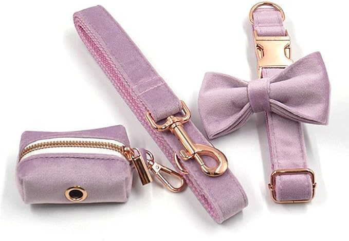 PETDURO Custom Dog Collar Personalized with Name Engraved Quick Release Rose Gold Metal Buckle for Large Medium Small Girl Dogs - Dog Leash and Bow Tie Available - Soft Comfy Velvet (Purple, S)