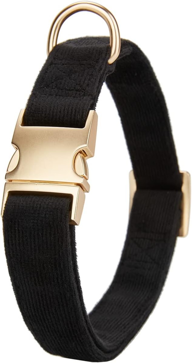 Soft Cotton Dog Collar with Metal Buckle Adjustable Heavy Duty Comfy Corduroy Collars for Small Medium Large Dogs,Black,Small